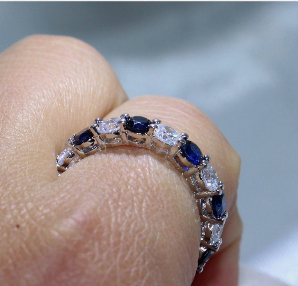 Natural 2.50 ct Blue Sapphire & Diamond Round Cut Eternity Band 14K White Gold